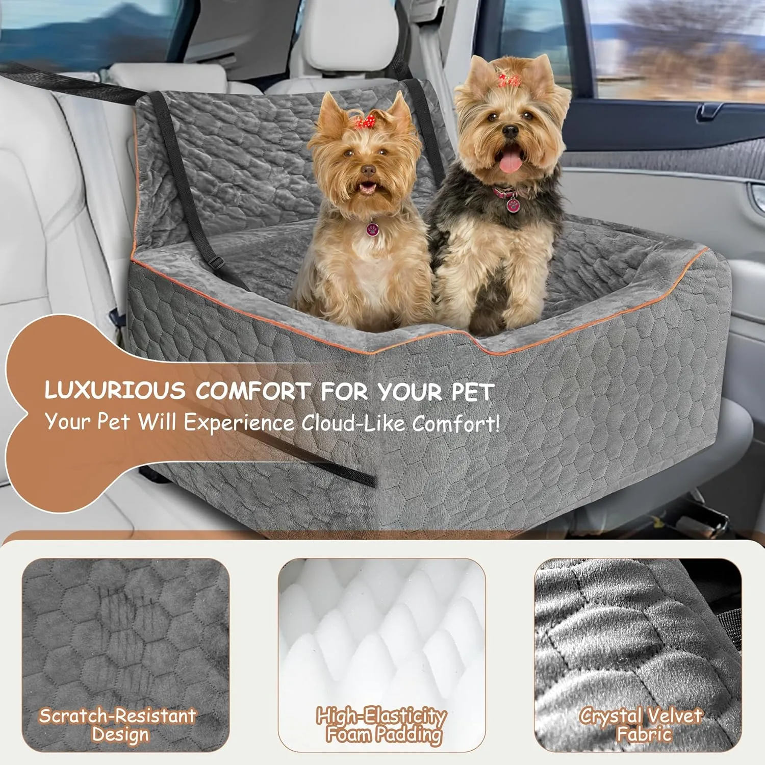 Dog Booster Seat for Larger & Medium Dogs  Comfortable Dog Car Bed with Washable Cover and Storage Pockets for Pets Up to 60lbs (Gray)