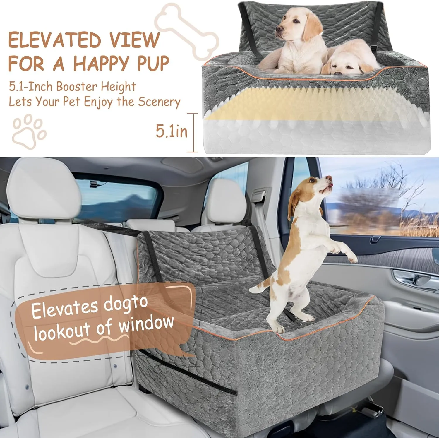 Dog Booster Seat for Larger & Medium Dogs  Comfortable Dog Car Bed with Washable Cover and Storage Pockets for Pets Up to 60lbs (Gray)