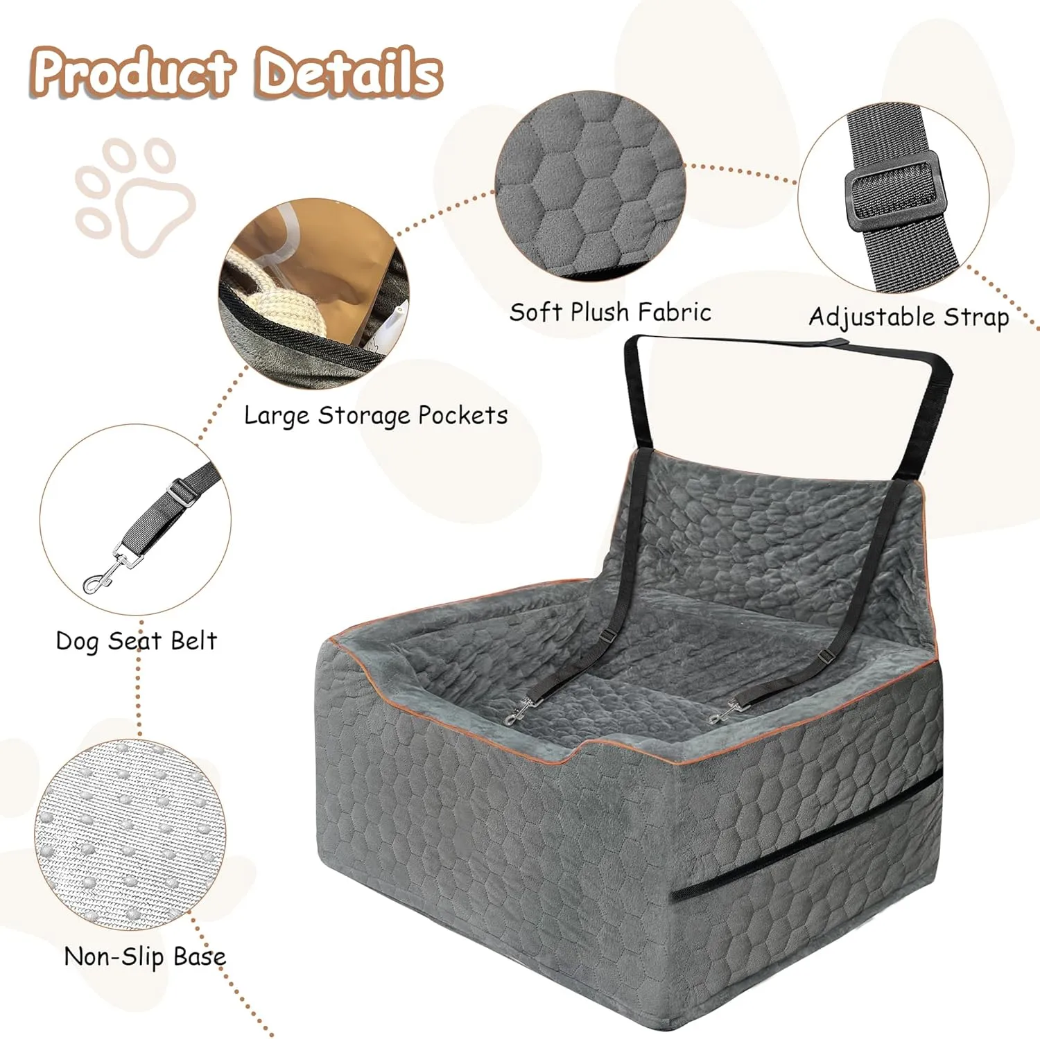 Dog Booster Seat for Larger & Medium Dogs  Comfortable Dog Car Bed with Washable Cover and Storage Pockets for Pets Up to 60lbs (Gray)