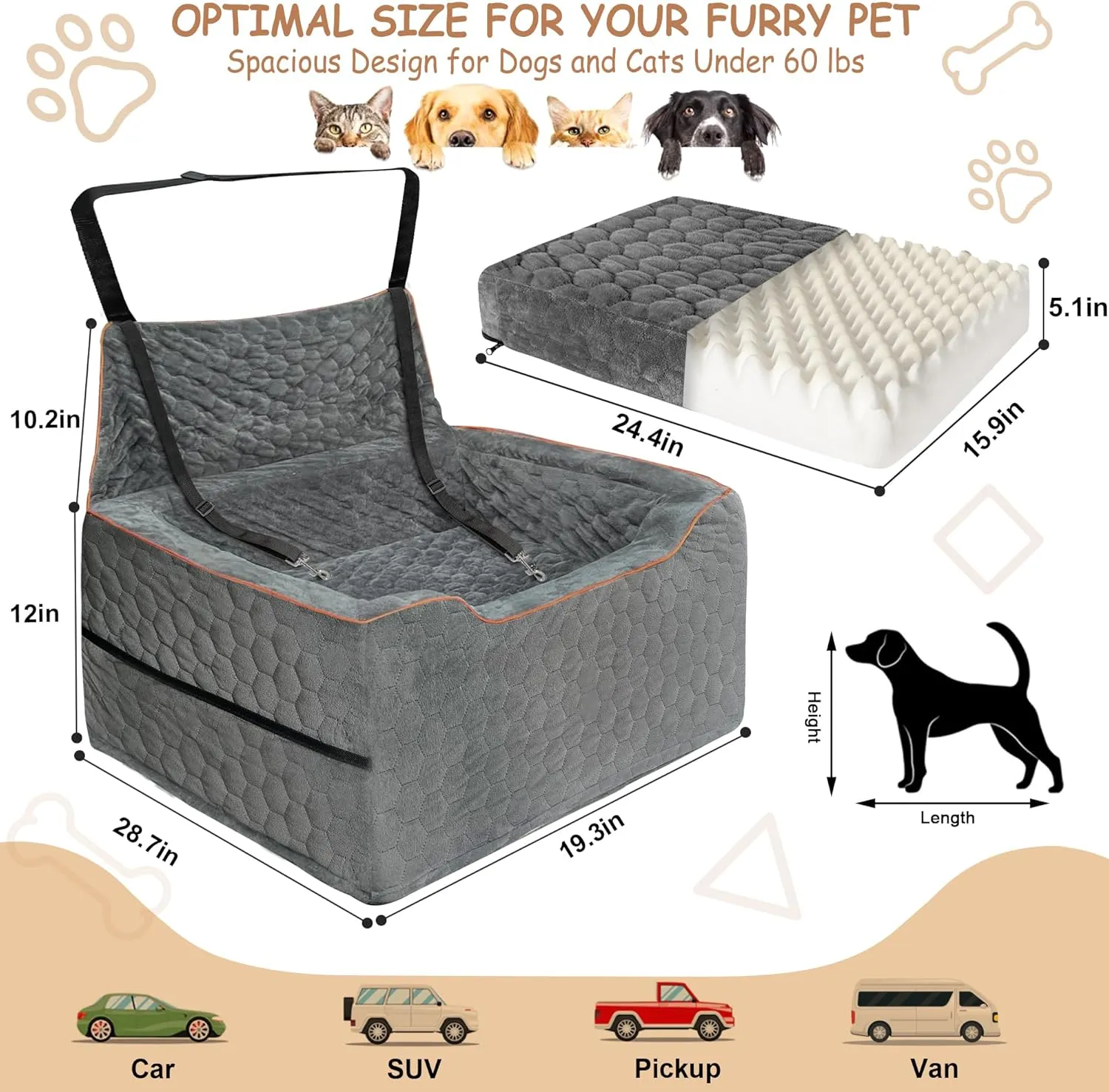 Dog Booster Seat for Larger & Medium Dogs  Comfortable Dog Car Bed with Washable Cover and Storage Pockets for Pets Up to 60lbs (Gray)