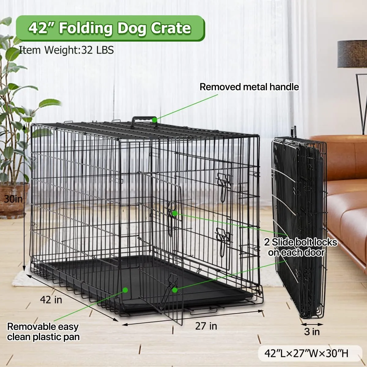 Dog Cage Large XXL Dog Crates for Large Dogs Folding Dog Kennels and Metal Wire Crates Pet Animal Segregation Cage Crate with Double-Door,for Dog Training Indoor (42 Black)