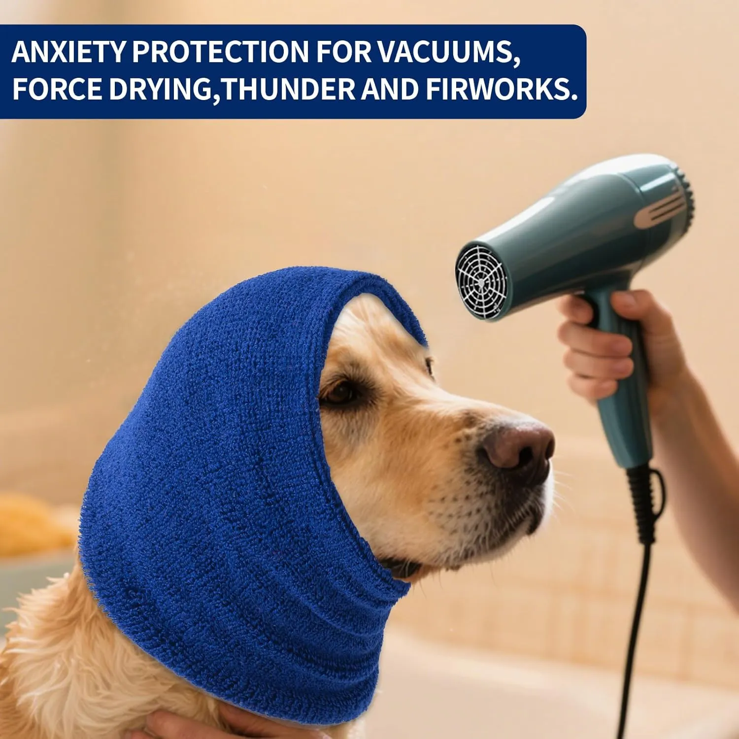 Dog Calming Hoodie Cat Anxiety Relief Cover,Double Layer Thickened Pet Ears Protector Soft Elastic Neck Band Noise Cancelling Ear Muffs for Grooming,Force Drying,Bath,Fireworks (Blue, Medium)