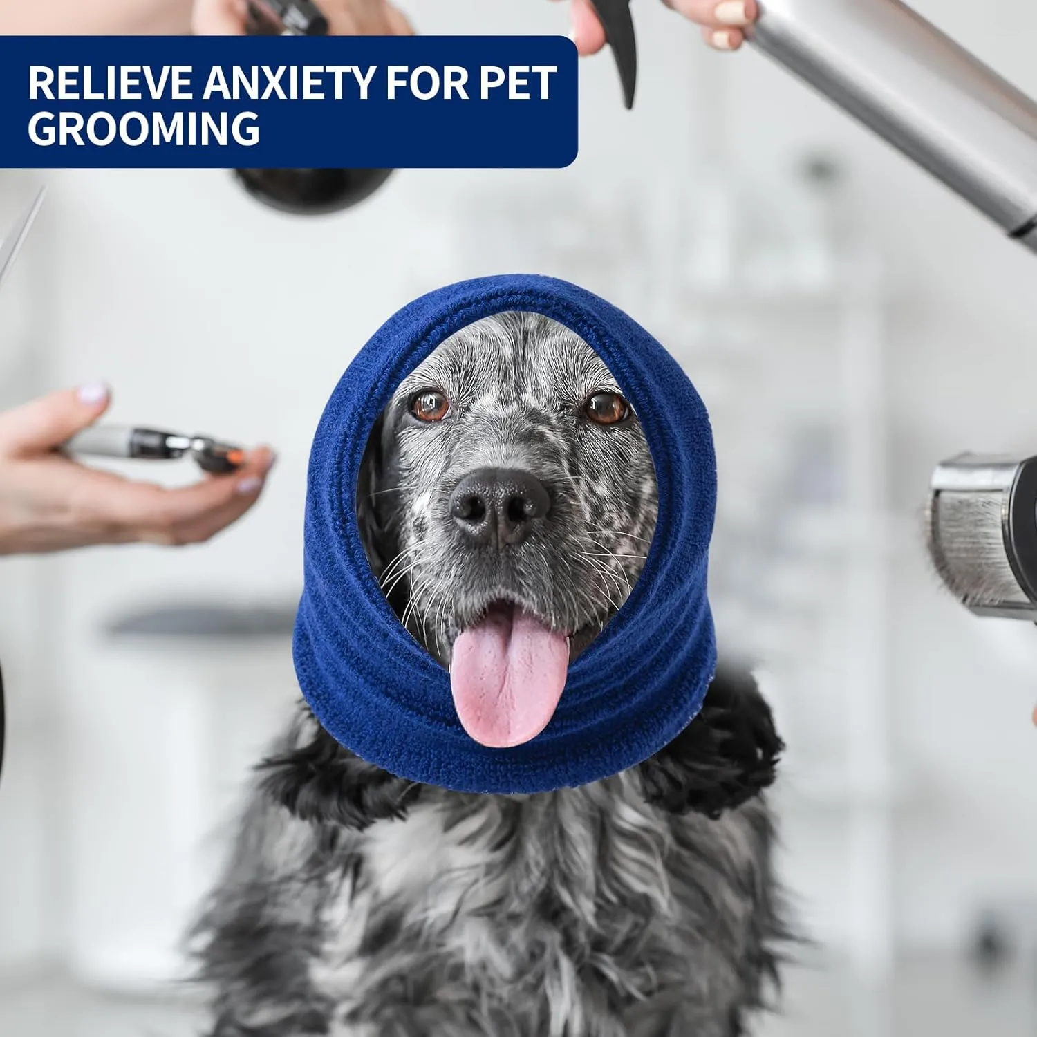Dog Calming Hoodie Cat Anxiety Relief Cover,Double Layer Thickened Pet Ears Protector Soft Elastic Neck Band Noise Cancelling Ear Muffs for Grooming,Force Drying,Bath,Fireworks (Blue, Medium)