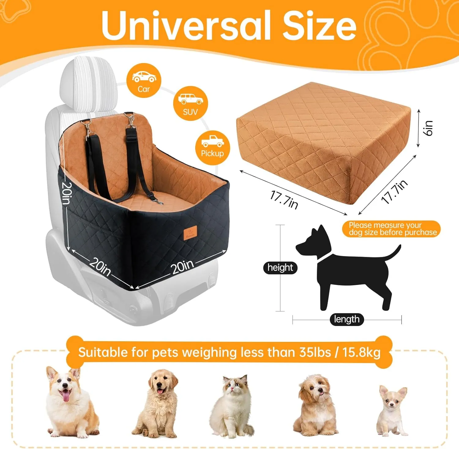 Dog Car Seats for Small Dogs, FurFrolic Memory Foam Dog Booster Seat for Small/Medium Dogs up to 35 lbs, Travel Pet Car Seat with Washable Detachable Cover, Storage Pockets, 2 Safety Belts (Brown)