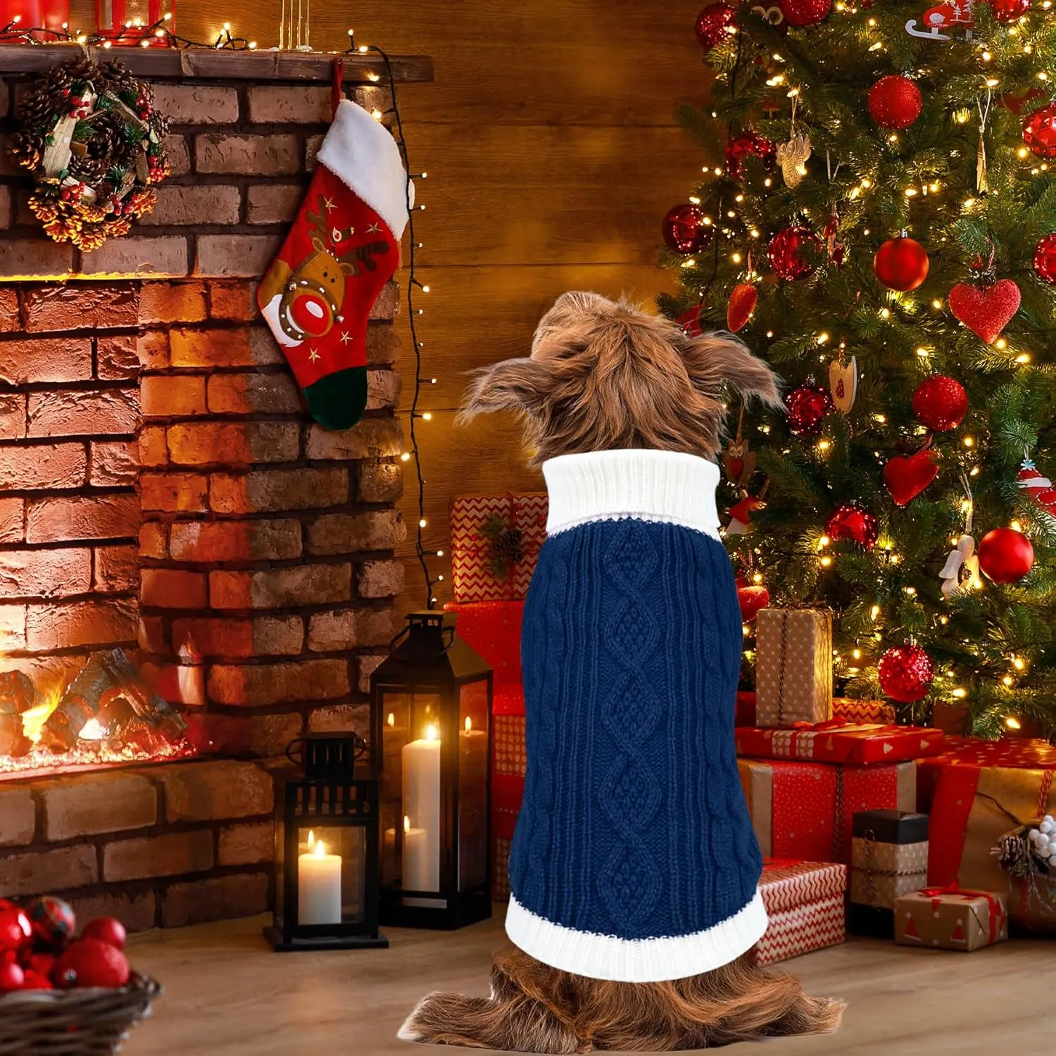 Dog Christmas Sweater Knitted Turtleneck Dog Sweater Warm Christmas Outfit Clothes for Small Medium Large Dogs Pets (Navy, Small)