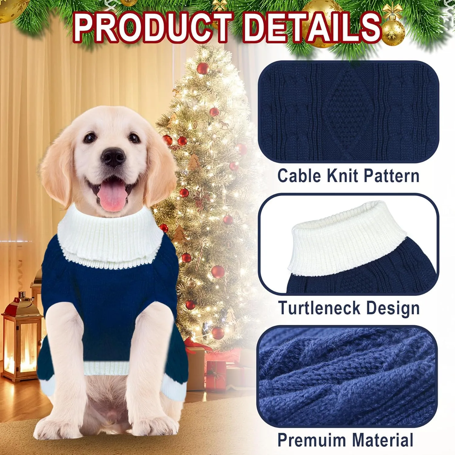 Dog Christmas Sweater Knitted Turtleneck Dog Sweater Warm Christmas Outfit Clothes for Small Medium Large Dogs Pets (Navy, Small)