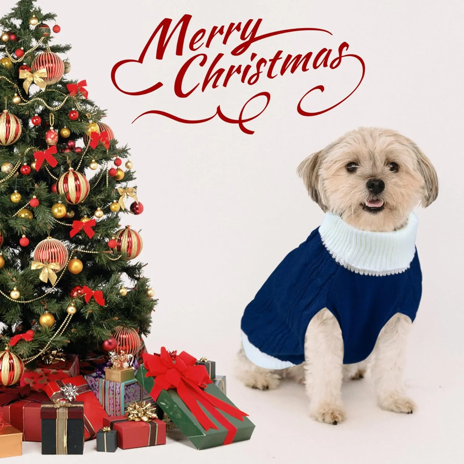 Dog Christmas Sweater Knitted Turtleneck Dog Sweater Warm Christmas Outfit Clothes for Small Medium Large Dogs Pets (Navy, Small)