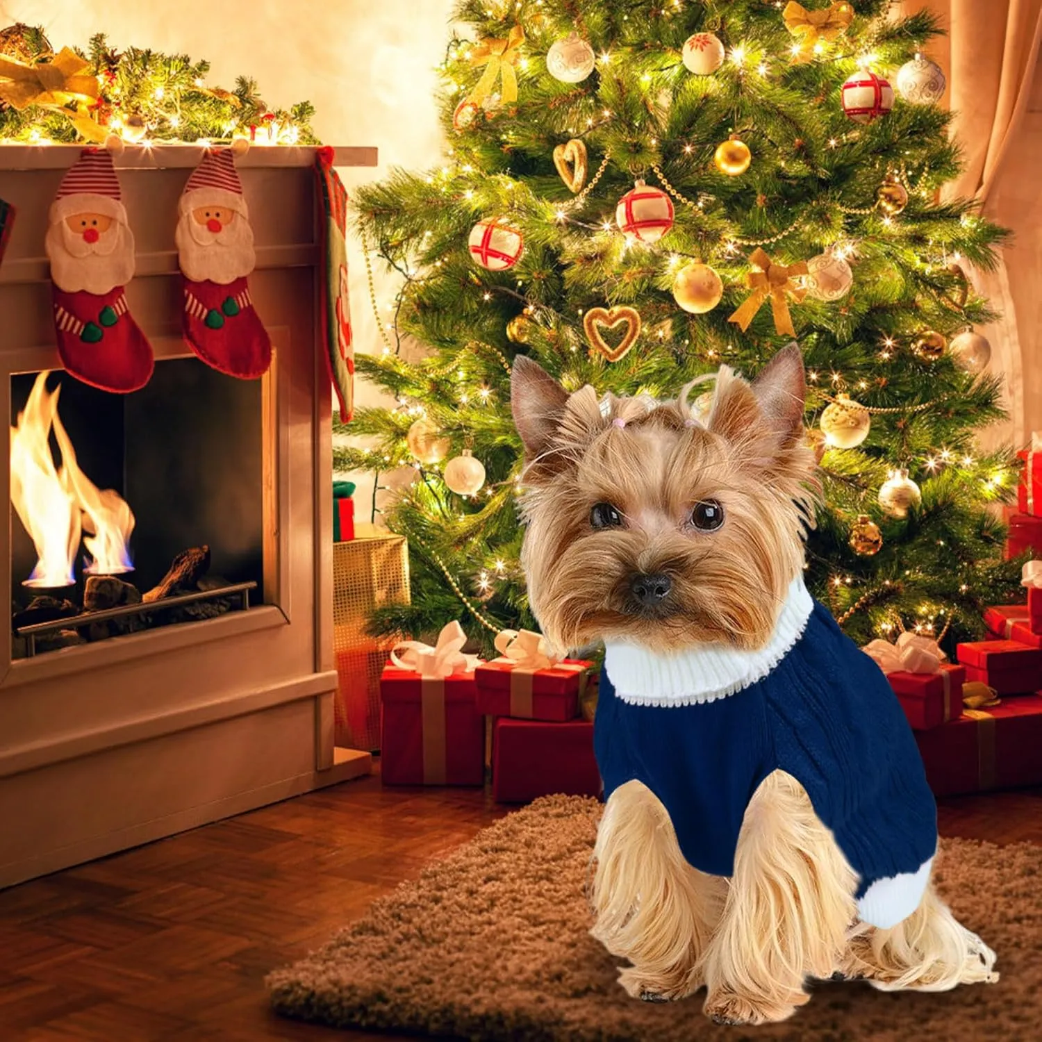 Dog Christmas Sweater Knitted Turtleneck Dog Sweater Warm Christmas Outfit Clothes for Small Medium Large Dogs Pets (Navy, Small)