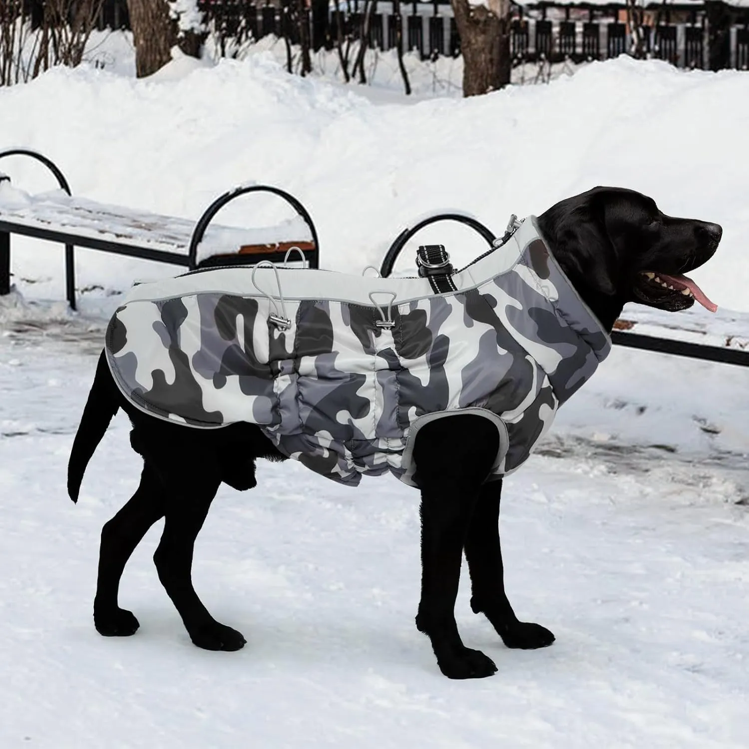 Dog Coat Dog Winter Jacket-Large, Warm Dog Coat Zip Up Snowsuit Dog Harness Vest Reflective Water-Resistant Dog Coat Dog Snow Jacket for Large Dogs French Bulldog, Pug, Grey-Camouflage