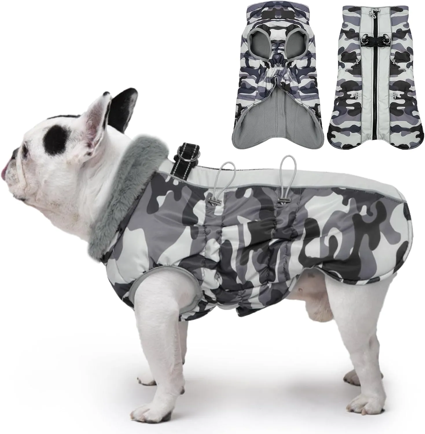 Dog Coat Dog Winter Jacket-Large, Warm Dog Coat Zip Up Snowsuit Dog Harness Vest Reflective Water-Resistant Dog Coat Dog Snow Jacket for Large Dogs French Bulldog, Pug, Grey-Camouflage