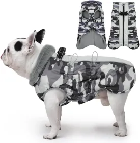 Dog Coat Dog Winter Jacket-Large, Warm Dog Coat Zip Up Snowsuit Dog Harness Vest Reflective Water-Resistant Dog Coat Dog Snow Jacket for Large Dogs French Bulldog, Pug, Grey-Camouflage