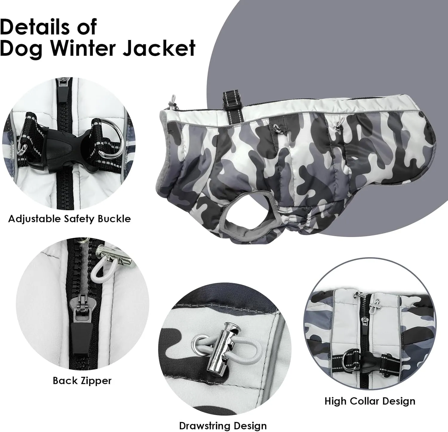 Dog Coat Dog Winter Jacket-Large, Warm Dog Coat Zip Up Snowsuit Dog Harness Vest Reflective Water-Resistant Dog Coat Dog Snow Jacket for Large Dogs French Bulldog, Pug, Grey-Camouflage