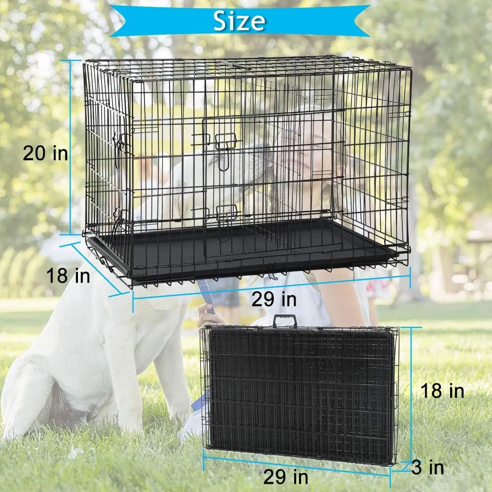 Dog Crate, Folding Portable Outdoor Large Two Door Metal Cat Dog Cage with ABS Tray LC Panel Floor Protecting Feet Wire Animal Pet Dog Kennel with Divider