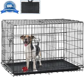 Dog Crate, Folding Portable Outdoor Large Two Door Metal Cat Dog Cage with ABS Tray LC Panel Floor Protecting Feet Wire Animal Pet Dog Kennel with Divider