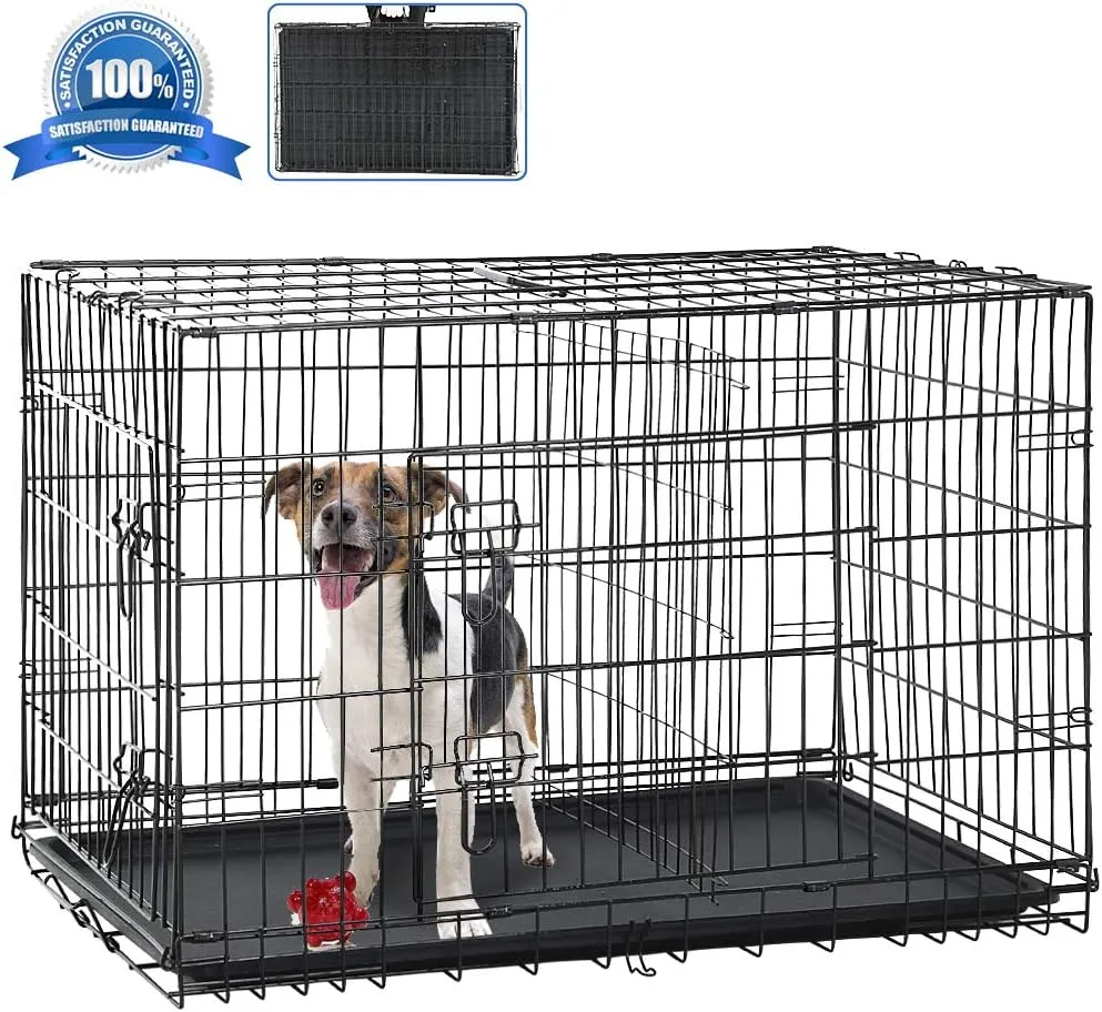 Dog Crate, Folding Portable Outdoor Large Two Door Metal Cat Dog Cage with ABS Tray LC Panel Floor Protecting Feet Wire Animal Pet Dog Kennel with Divider