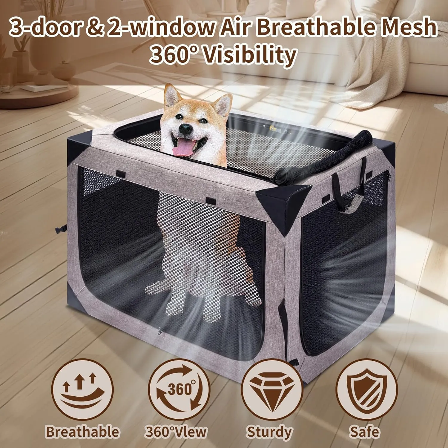 Dog Crate,36x25x25 Inch Large Dog Crate for Large or Medium Dogs, Portable and Foldable Design of Dog Cage, Perfect for Travel or Home Use, Dog Kennel with 3-Door and Durable Mesh Windows, Light Grey