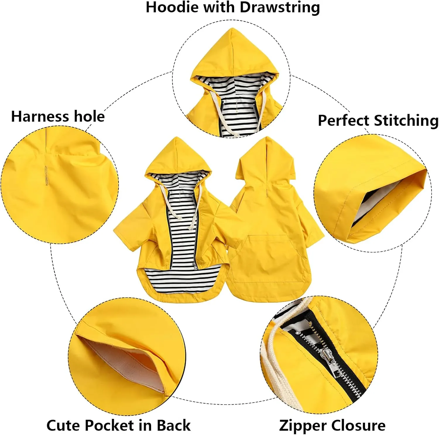 Dog Raincoat rain Jacket Raincoat Dogs Waterproof Small Medium Breeds Zip Closure Storage Pocket Harness Hole Yellow XS