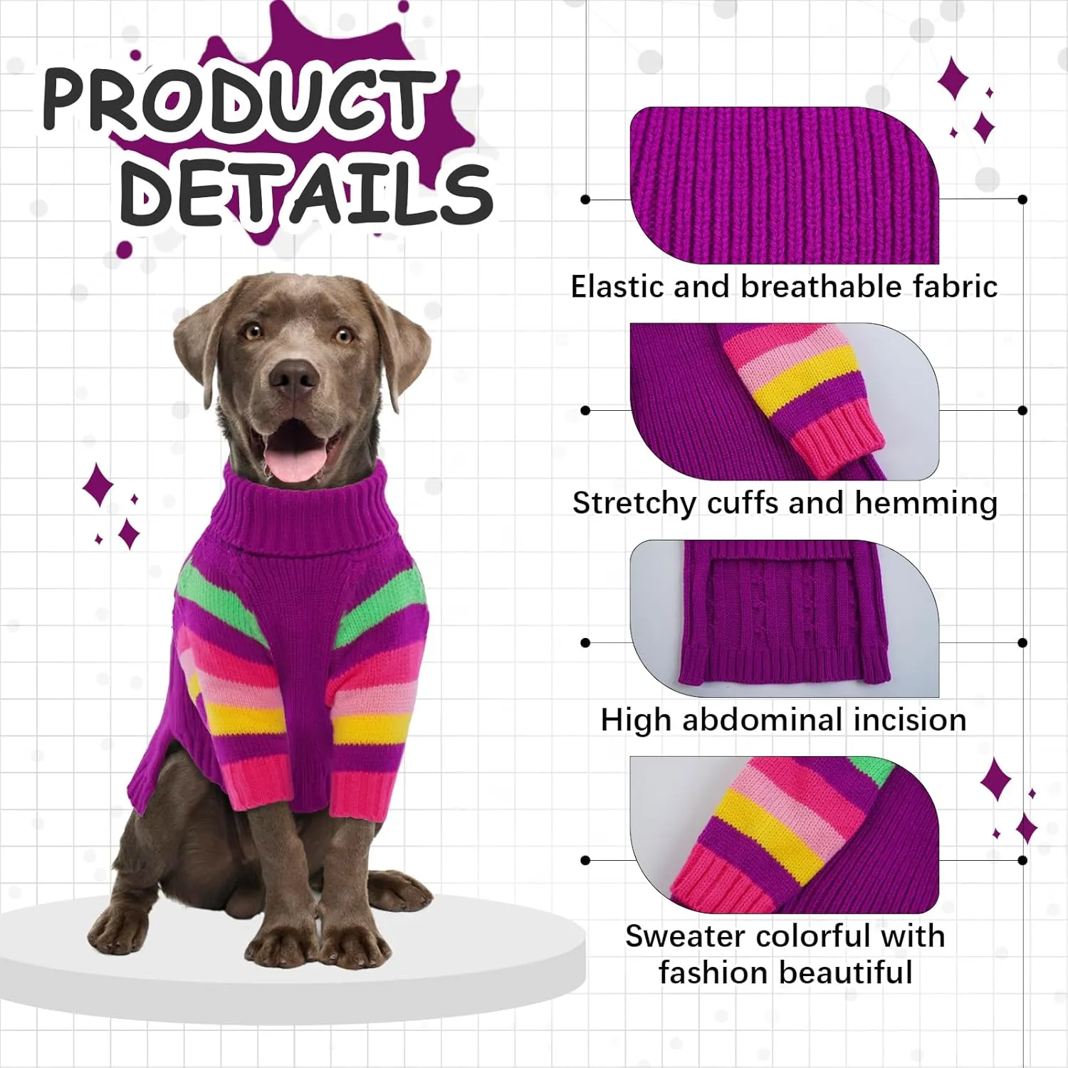 Dog Sweater Thick, Sweaters for Large Size Dogs Comfy, Stretchy Pullover Dog Sweater for Large Doggie, Christmas Dogs Sweaters Unisex, Warm Pet Knitwear Boston Terrier, Frenchie (Purple L)