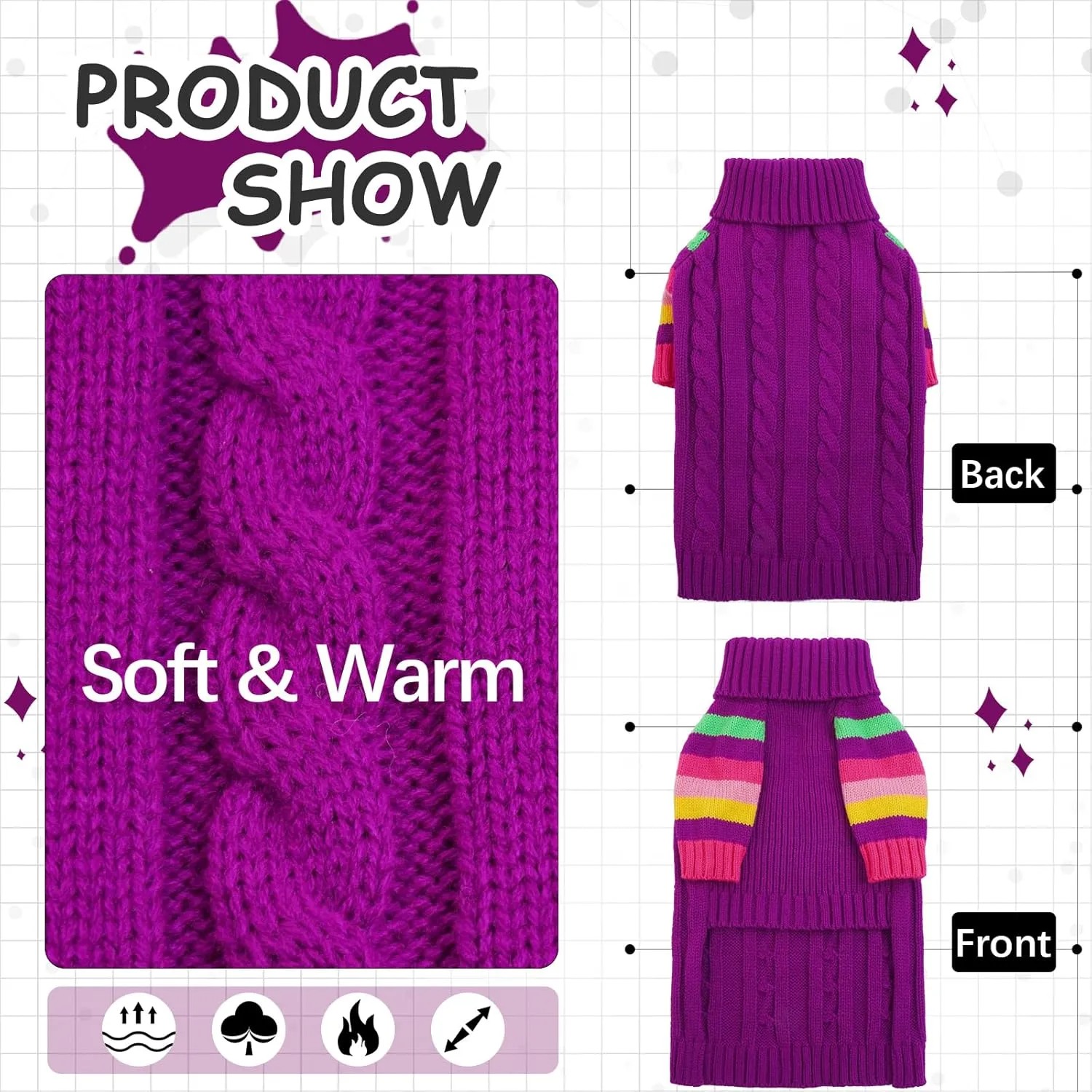 Dog Sweater Thick, Sweaters for Large Size Dogs Comfy, Stretchy Pullover Dog Sweater for Large Doggie, Christmas Dogs Sweaters Unisex, Warm Pet Knitwear Boston Terrier, Frenchie (Purple L)