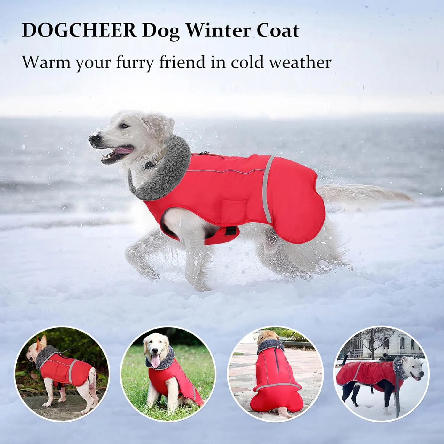 Dogcheer Warm Dog Jacket - Winter Coat, Waterproof, Windproof, Reflective, Adjustable, Fleece Sweater for Small to Large Dogs - Red