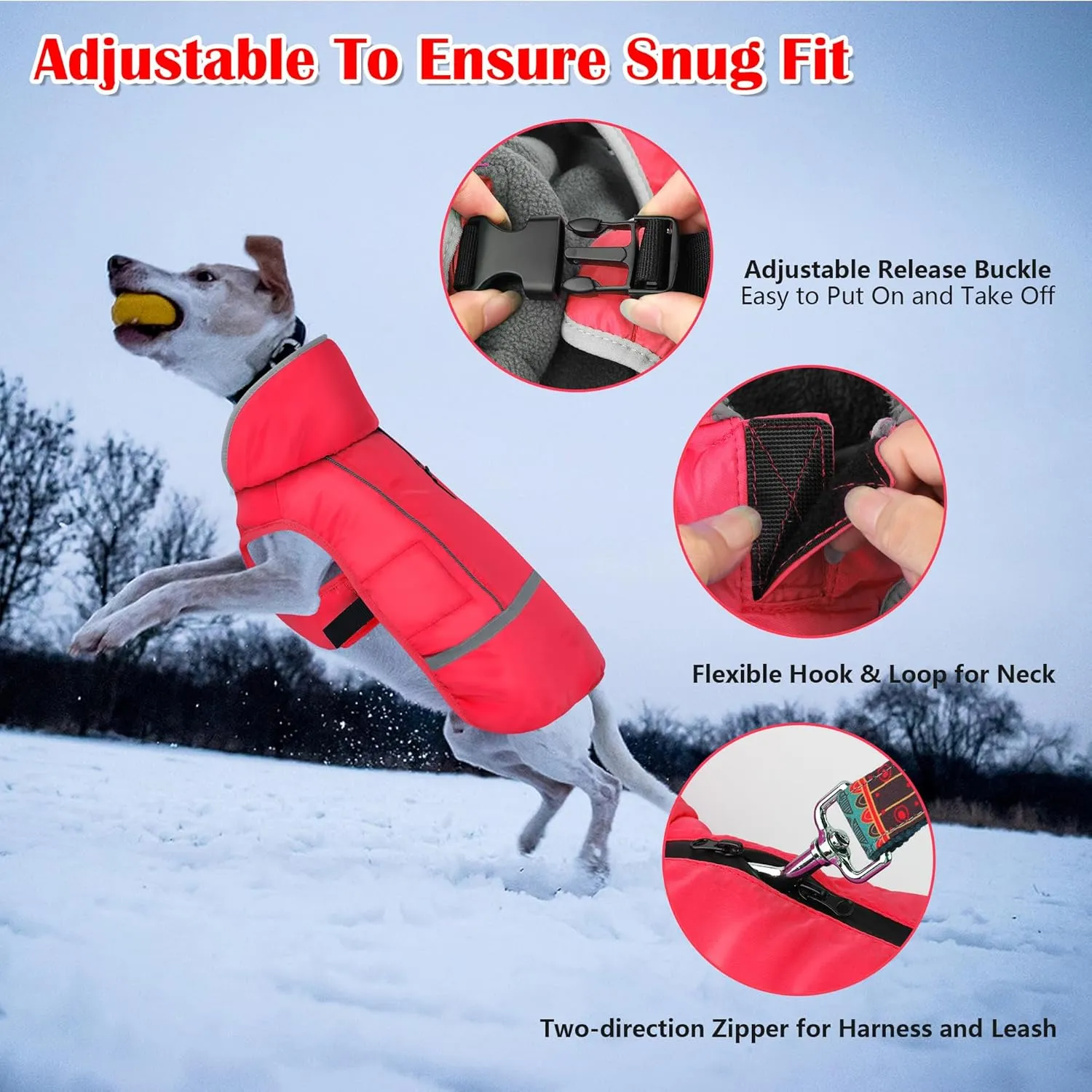 Dogcheer Warm Dog Jacket - Winter Coat, Waterproof, Windproof, Reflective, Adjustable, Fleece Sweater for Small to Large Dogs - Red