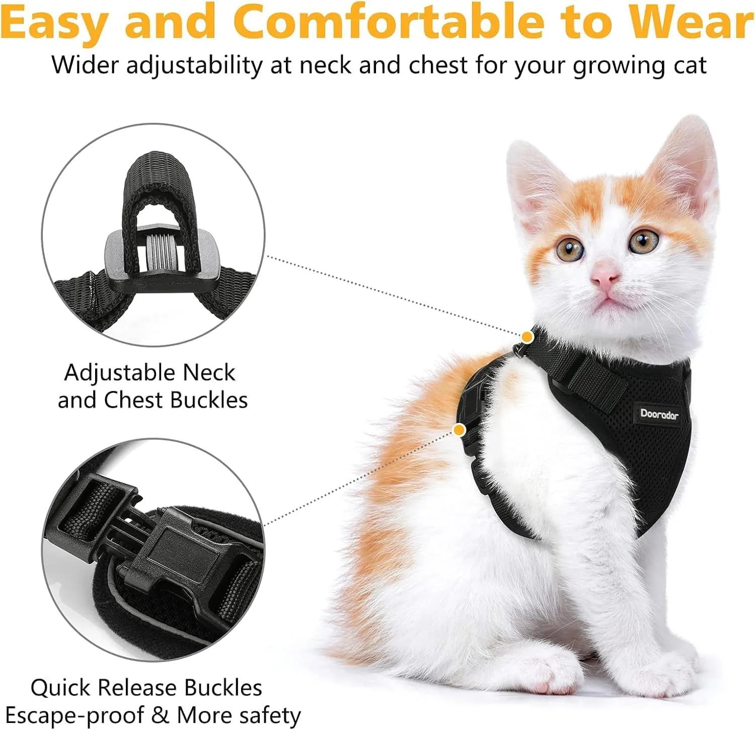 Dooradar Cat Harness and Leash Set, Escape Proof Safe Adjustable Kitten Vest Harnesses for Walking, Easy Control Soft Breathable Mesh Jacket with Reflective Strips for Cats, Black, M