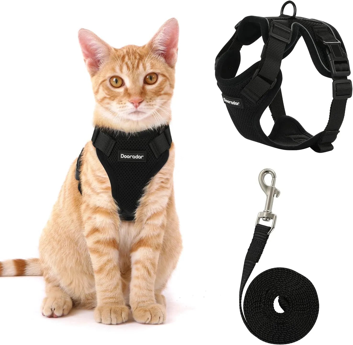 Dooradar Cat Harness and Leash Set, Escape Proof Safe Adjustable Kitten Vest Harnesses for Walking, Easy Control Soft Breathable Mesh Jacket with Reflective Strips for Cats, Black, M