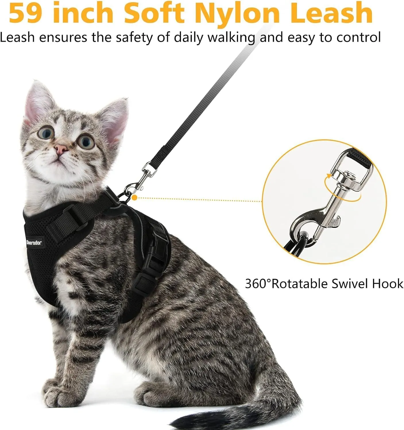 Dooradar Cat Harness and Leash Set, Escape Proof Safe Adjustable Kitten Vest Harnesses for Walking, Easy Control Soft Breathable Mesh Jacket with Reflective Strips for Cats, Black, M