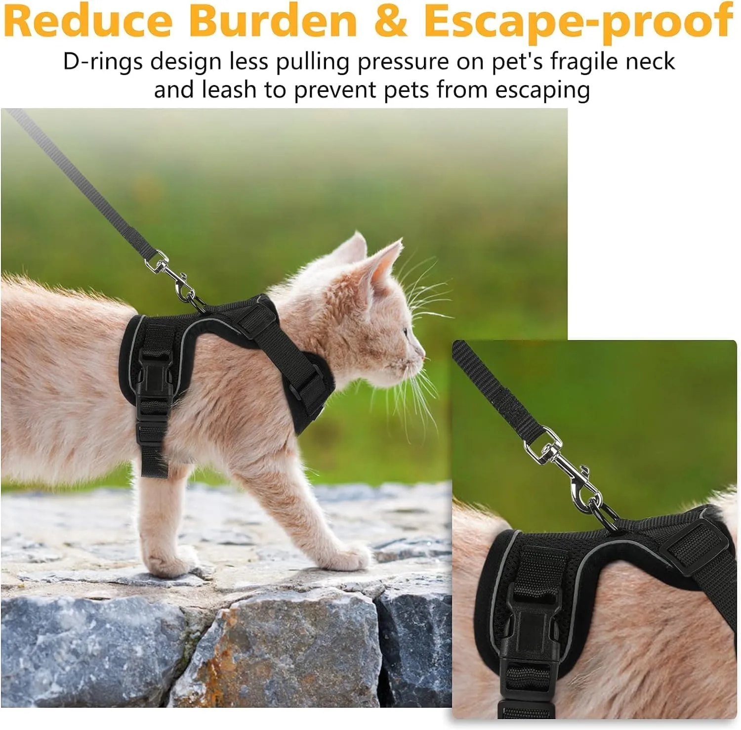 Dooradar Cat Harness and Leash Set, Escape Proof Safe Adjustable Kitten Vest Harnesses for Walking, Easy Control Soft Breathable Mesh Jacket with Reflective Strips for Cats, Black, M