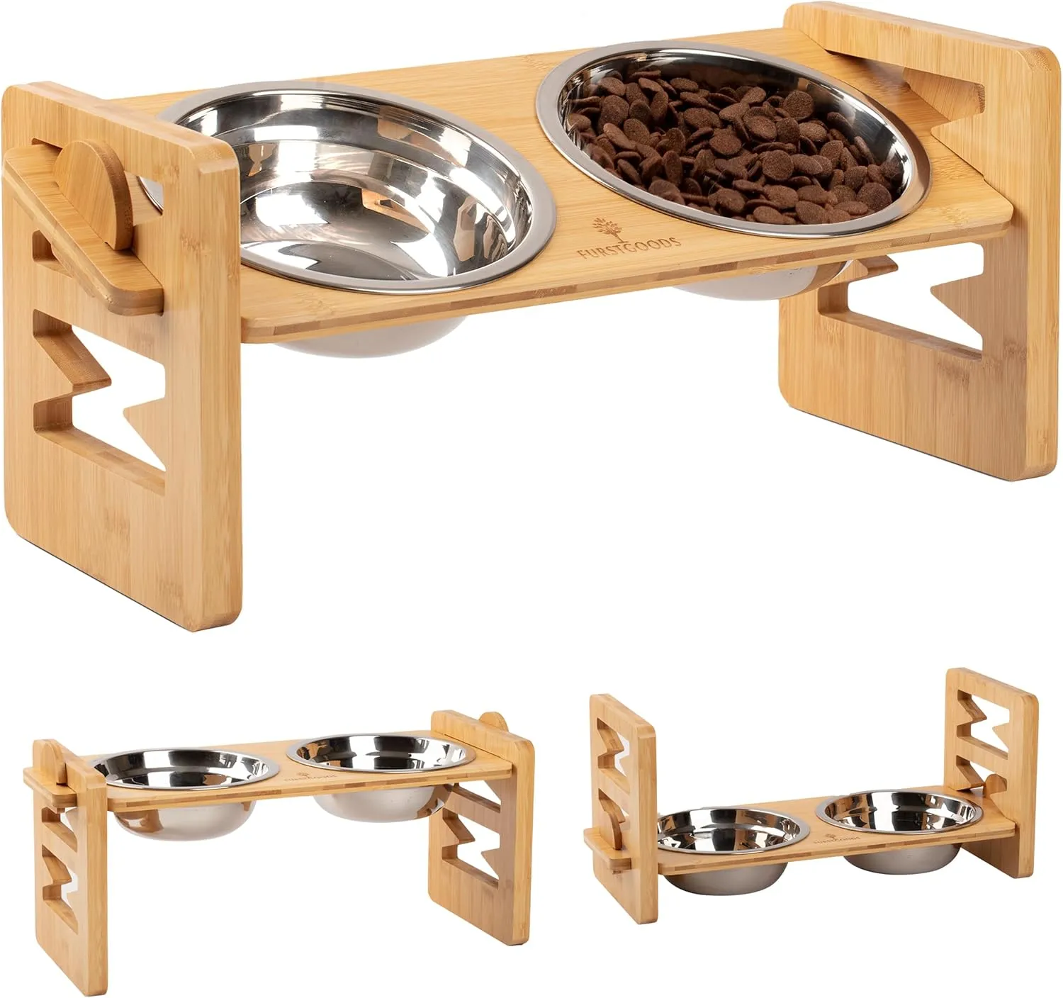 Elevated Bamboo Dog Bowl Stand - 4-Level Adjustable, Non-Slip, 2X Stainless Steel Bowls Included - For Cats & Dogs