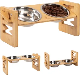 Elevated Bamboo Dog Bowl Stand - 4-Level Adjustable, Non-Slip, 2X Stainless Steel Bowls Included - For Cats & Dogs