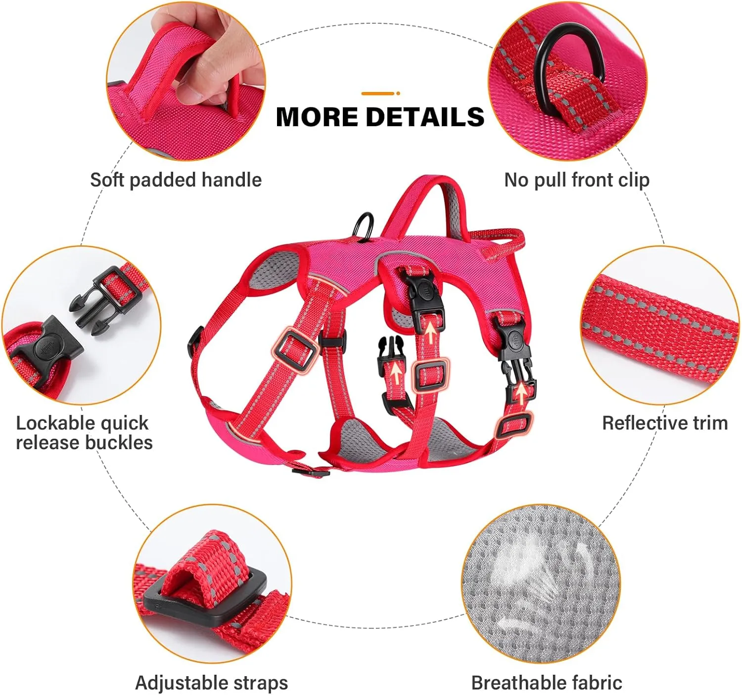 Escape Proof Large Dog Harness - Soft Padded, No Pull, Reflective with Handle, Six Point Adjustable, Includes Leash - Pink, M