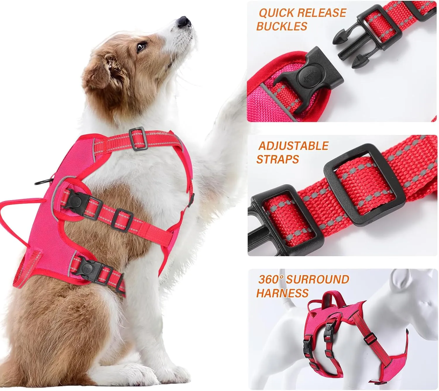 Escape Proof Large Dog Harness - Soft Padded, No Pull, Reflective with Handle, Six Point Adjustable, Includes Leash - Pink, M
