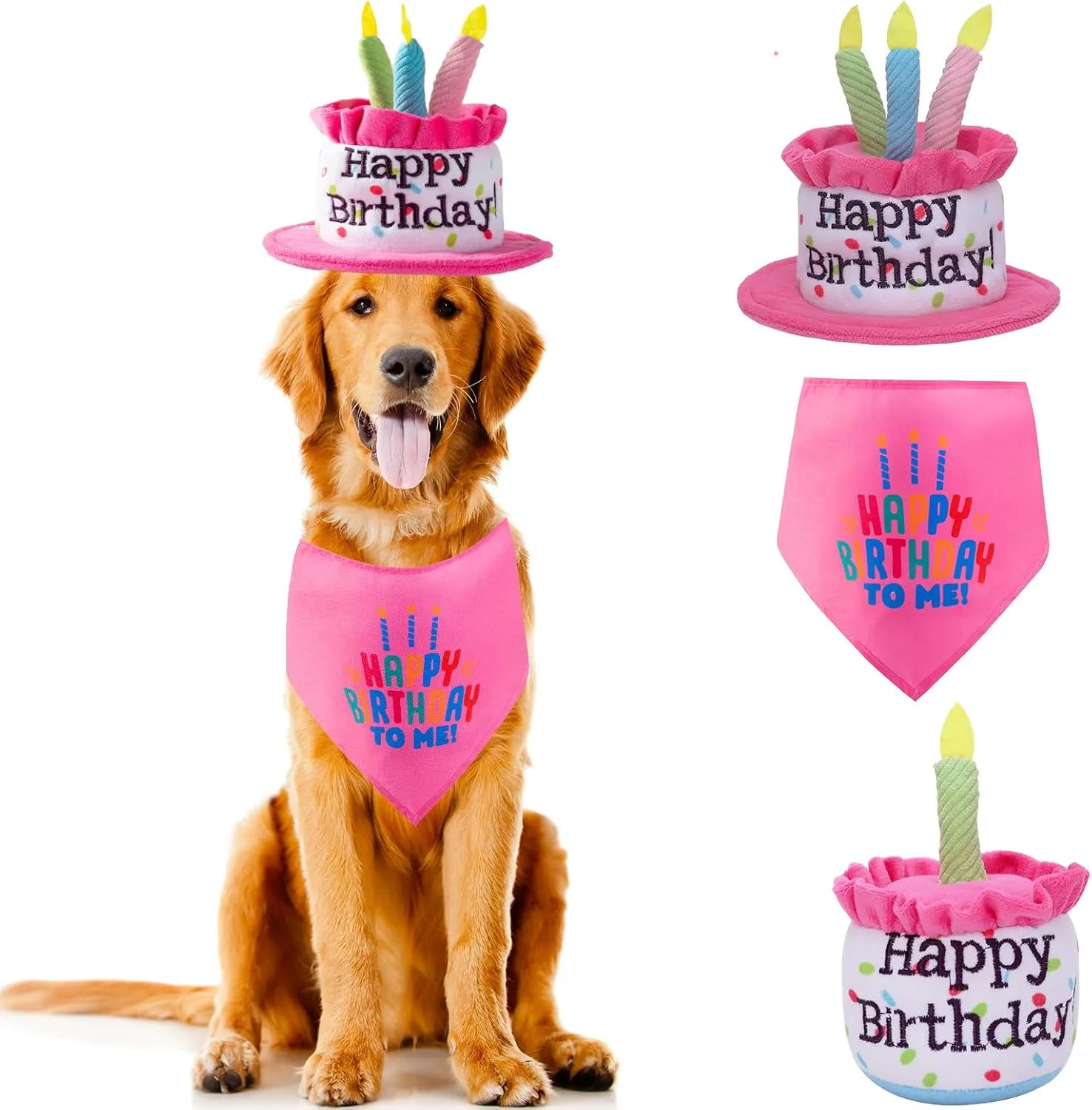 Extra Large Dog Cake Hat & Bandana Scarfs Set - Pink, Happy Birthday Hat with Candles, Large Dog Party Supplies