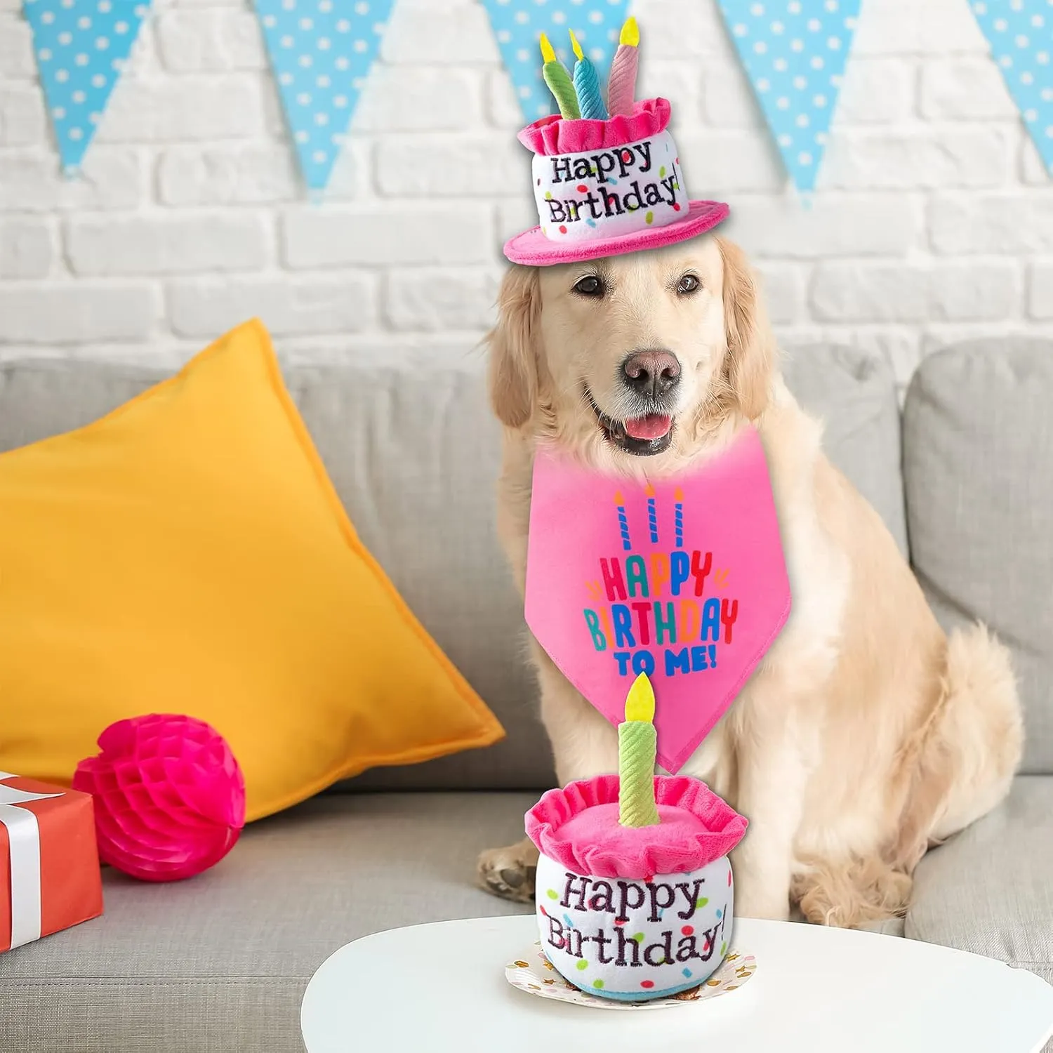 Extra Large Dog Cake Hat & Bandana Scarfs Set - Pink, Happy Birthday Hat with Candles, Large Dog Party Supplies