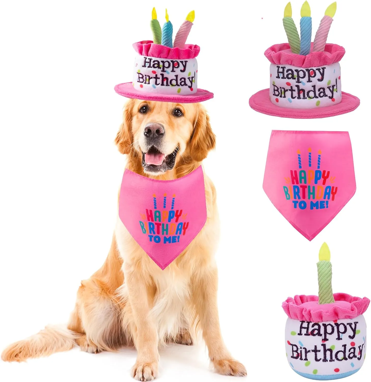 Extra Large Dog Cake Hat & Bandana Scarfs Set - Pink, Happy Birthday Hat with Candles, Large Dog Party Supplies