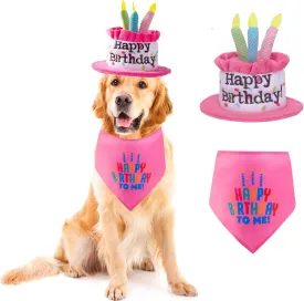 Extra Large Dog Cake Hat & Bandana Scarfs Set - Pink, Happy Birthday Hat with Candles, Large Dog Party Supplies