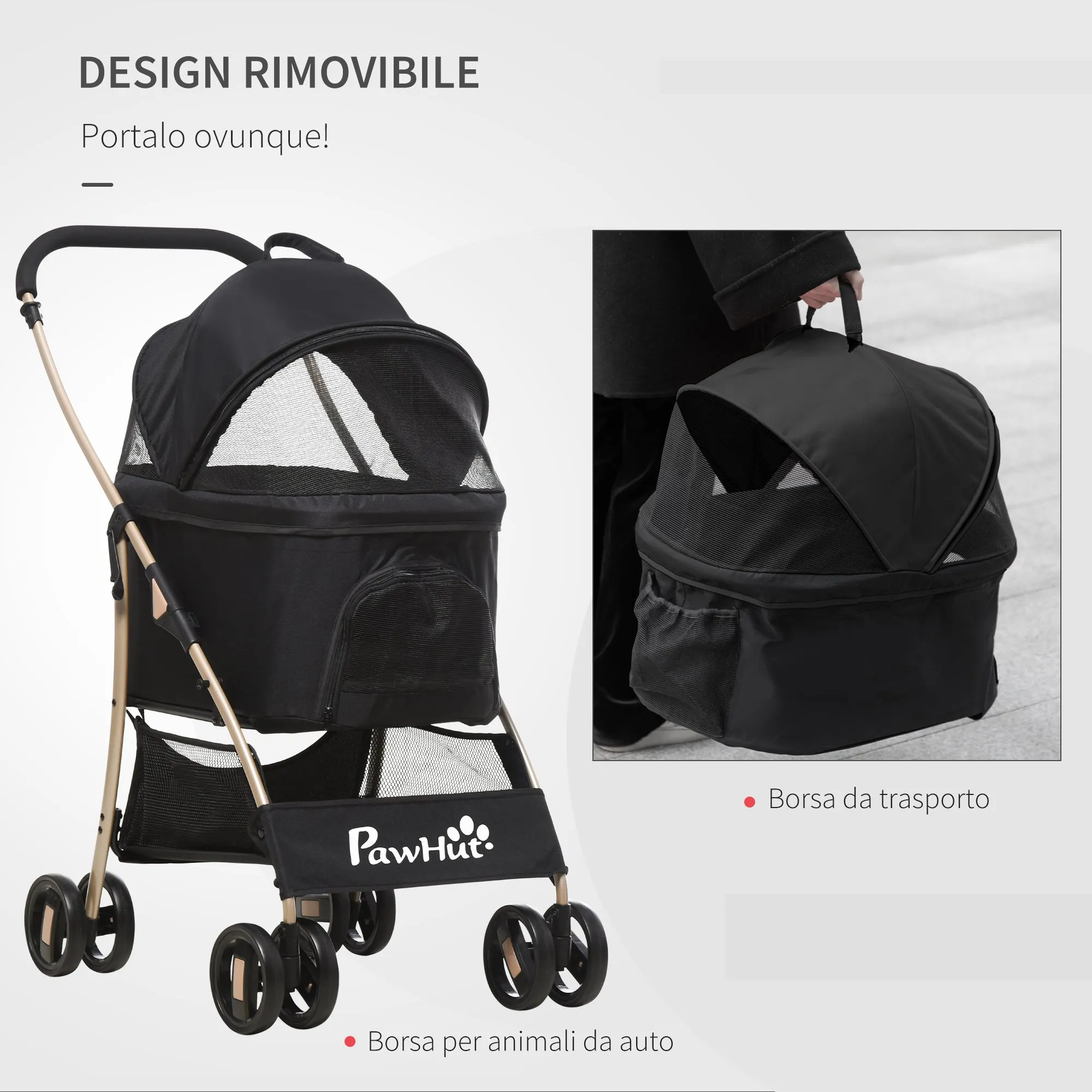 Foldable Dog Stroller with Removable Carrier and Canopy, 82x49. 5x98cm, Black