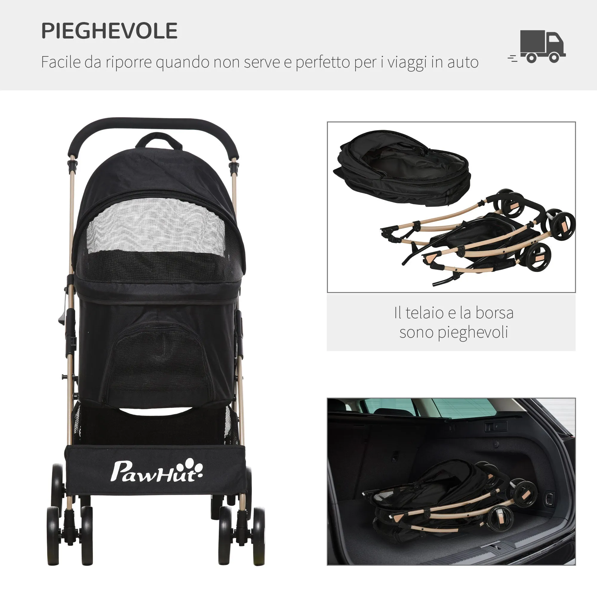 Foldable Dog Stroller with Removable Carrier and Canopy, 82x49. 5x98cm, Black