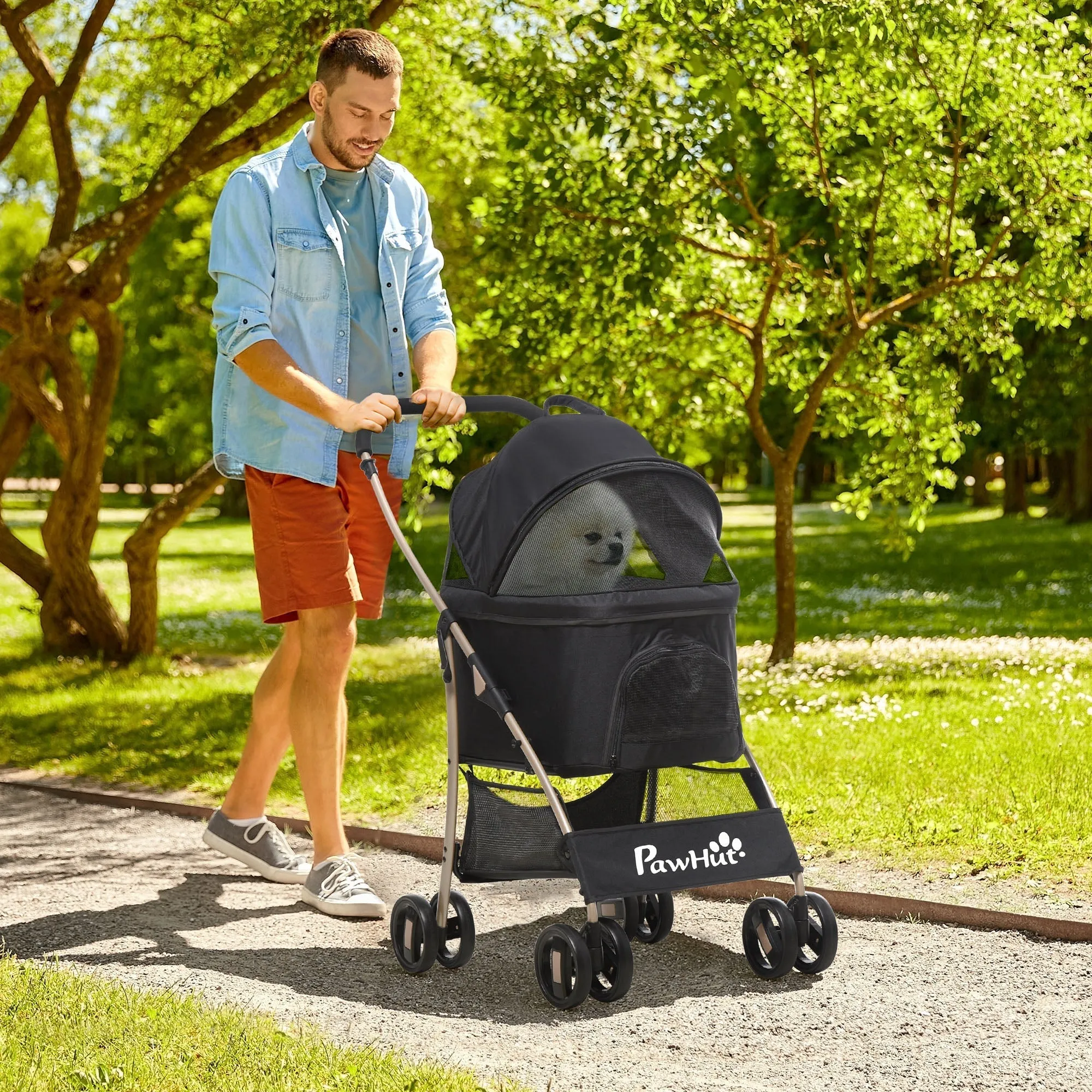 Foldable Dog Stroller with Removable Carrier and Canopy, 82x49. 5x98cm, Black
