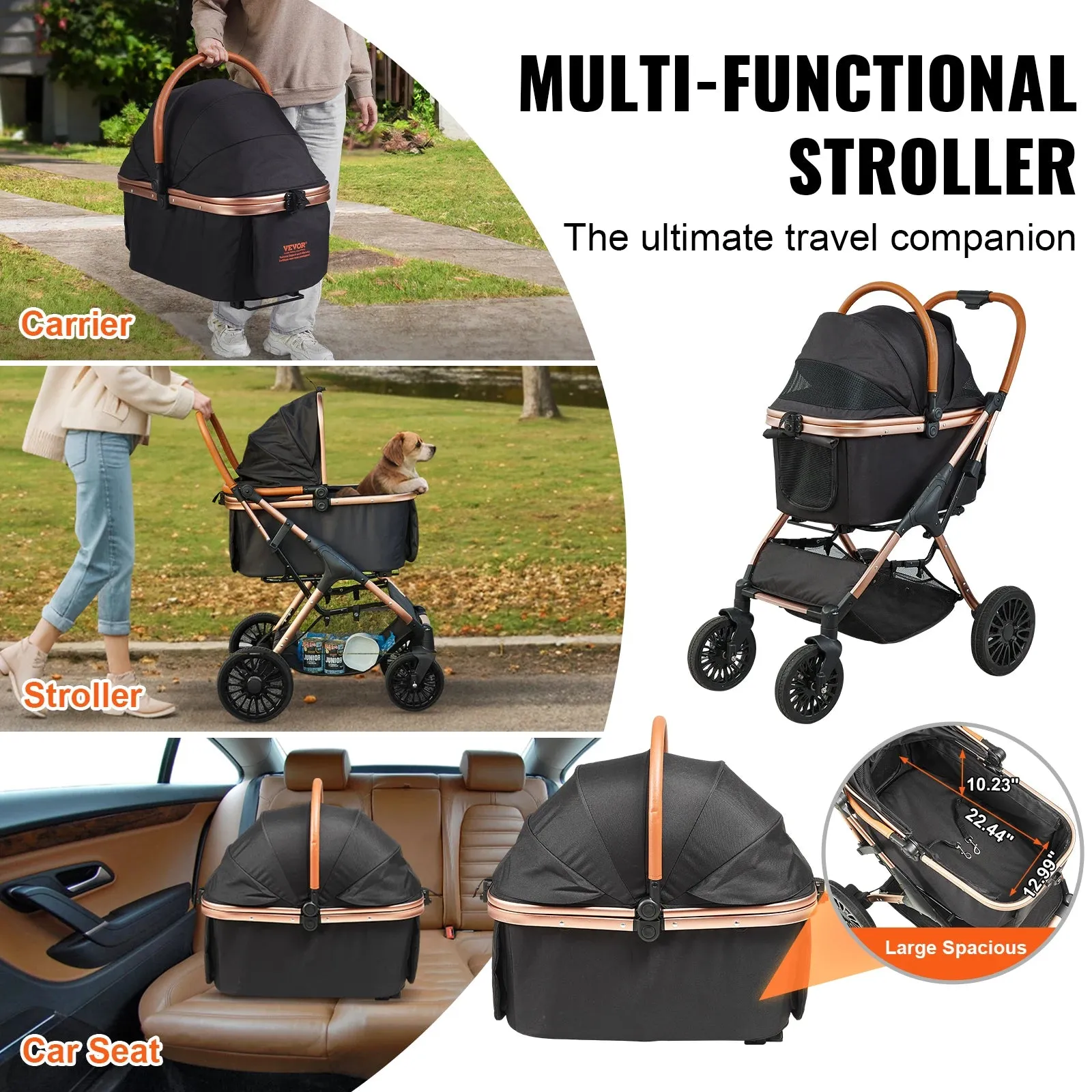 Foldable Pet Stroller with Brakes Storage Basket Detachable Carrier