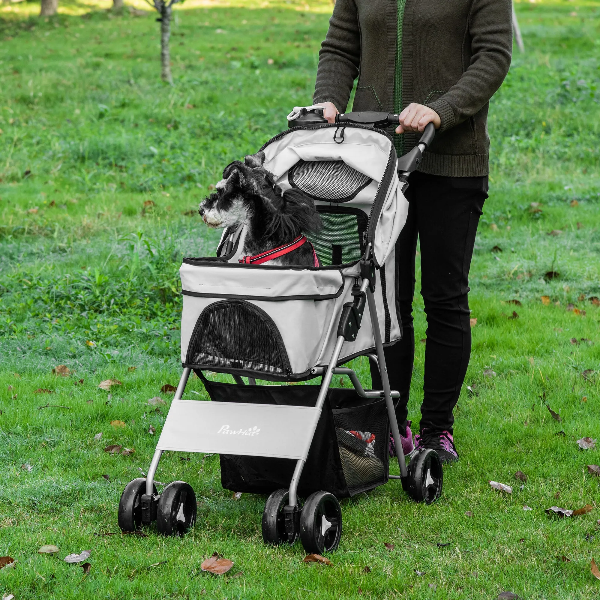 Folding Dog Stroller with 3 Nets and Zipper, in Iron and Oxford Fabric, 75x46x94 cm, Grey