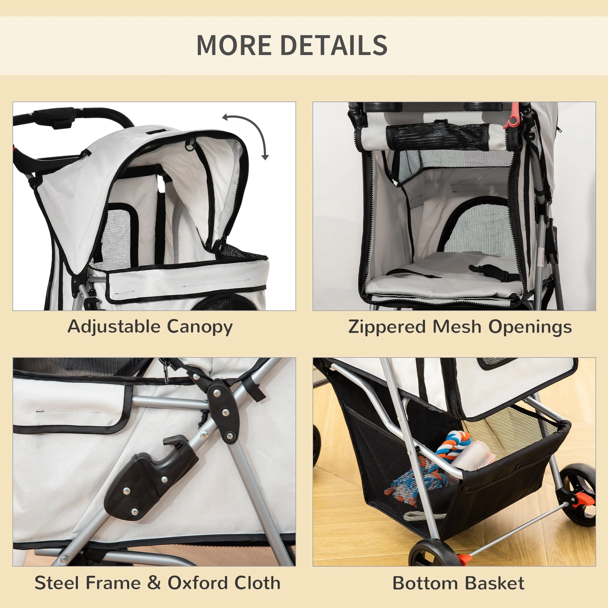 Folding Dog Stroller with 3 Nets and Zipper, in Iron and Oxford Fabric, 75x46x94 cm, Grey