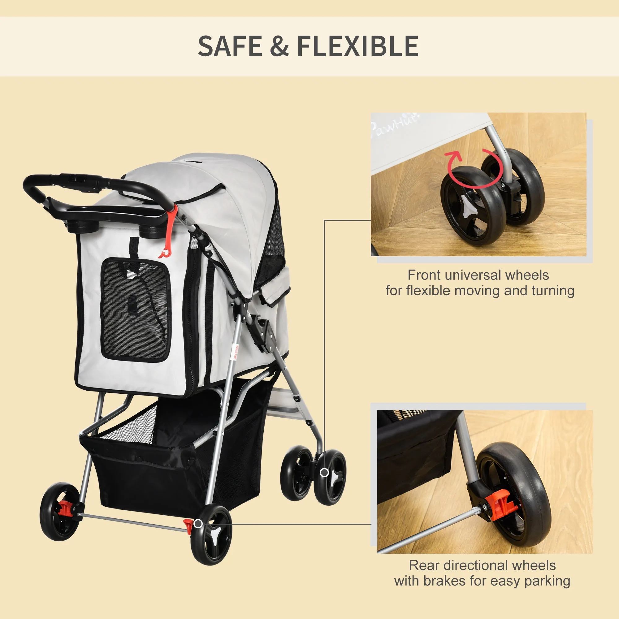 Folding Dog Stroller with 3 Nets and Zipper, in Iron and Oxford Fabric, 75x46x94 cm, Grey