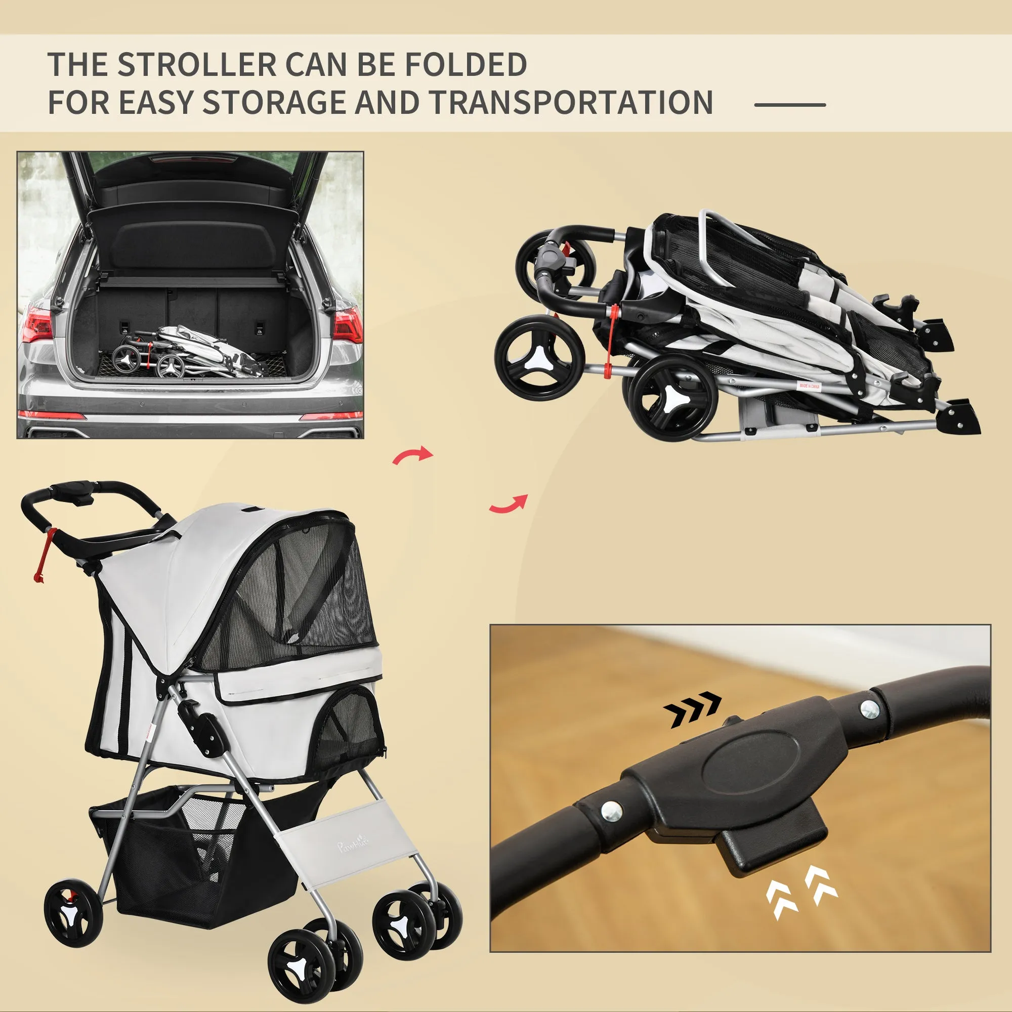 Folding Dog Stroller with 3 Nets and Zipper, in Iron and Oxford Fabric, 75x46x94 cm, Grey