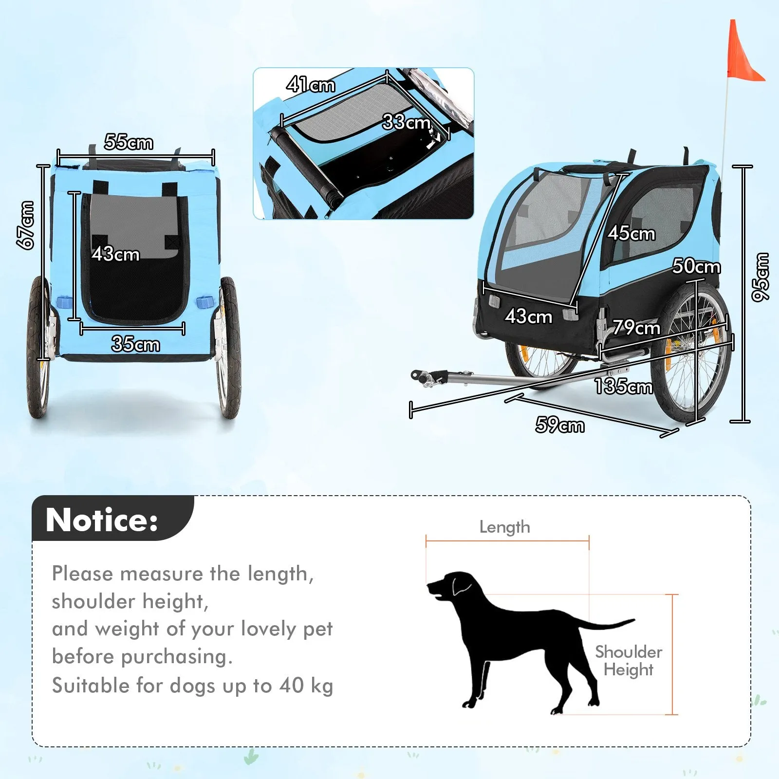 Folding Pet Bike Trailer with 3 Zippered Doors and 8 Reflectors-Blue