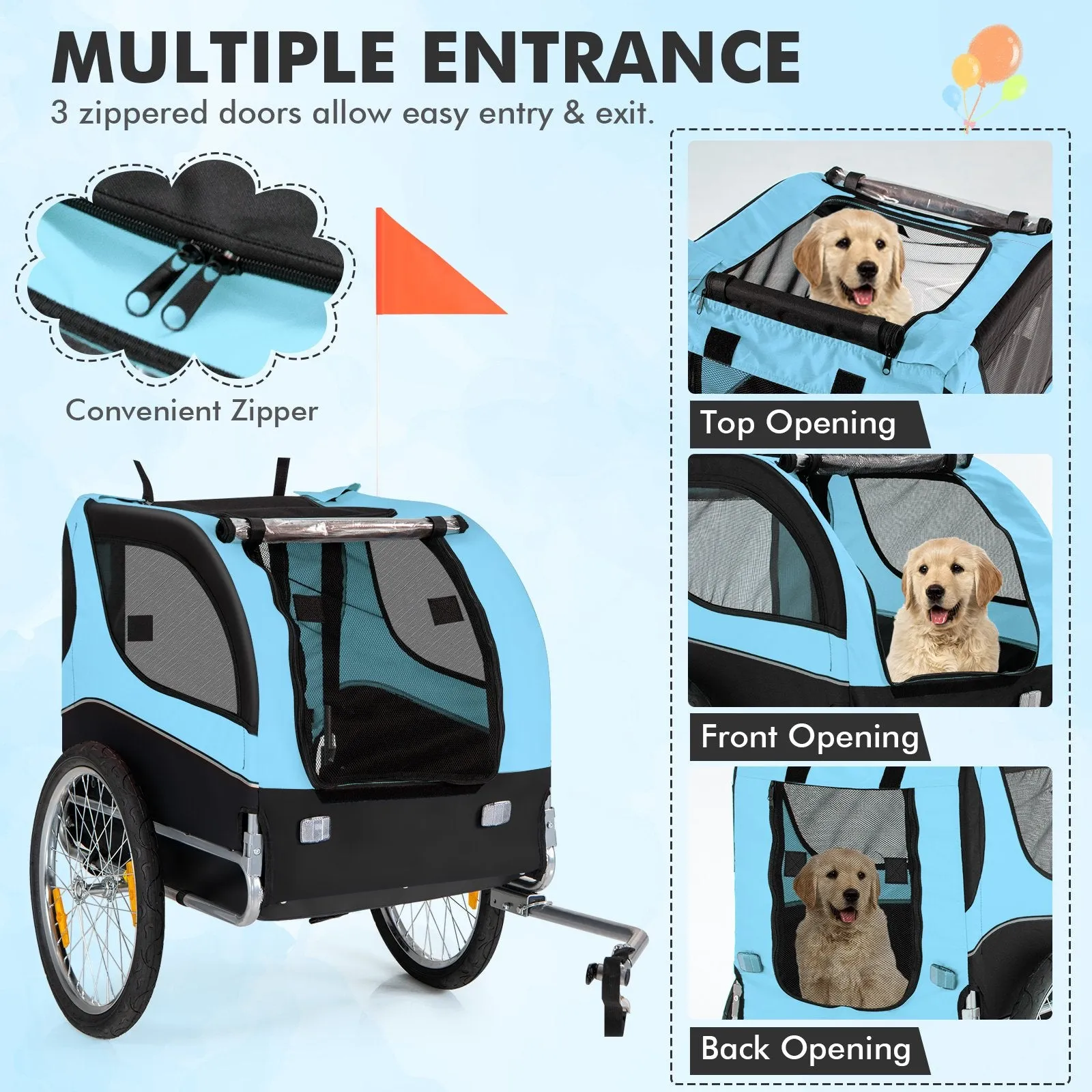 Folding Pet Bike Trailer with 3 Zippered Doors and 8 Reflectors-Blue
