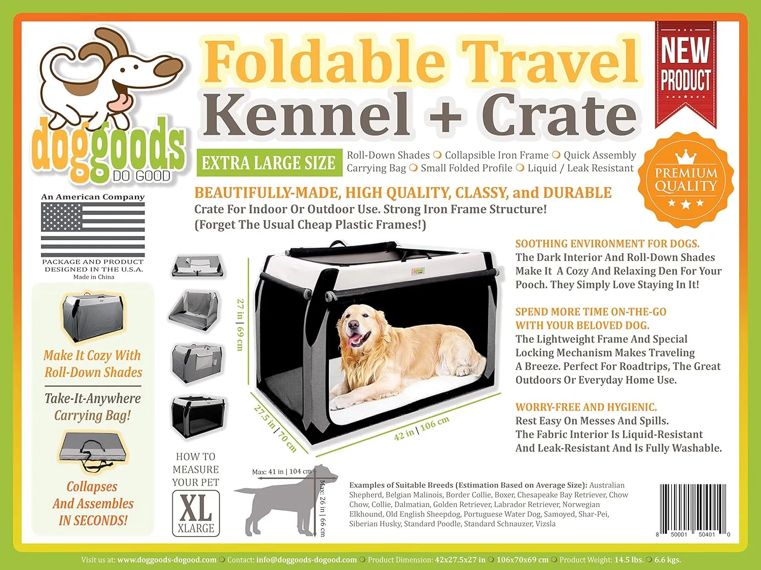 Folding Soft Crate for Extra Large Dogs by DogGoods - Collapsible Indoor Outdoor Kennel for Camping Trips - Suitable for Large, Medium, Small Dogs