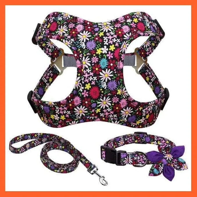 French Bulldog Harness Leash And Collar Set | Printed Dog Harness Vest Leash Collar Set | For Small Medium Large Dogs