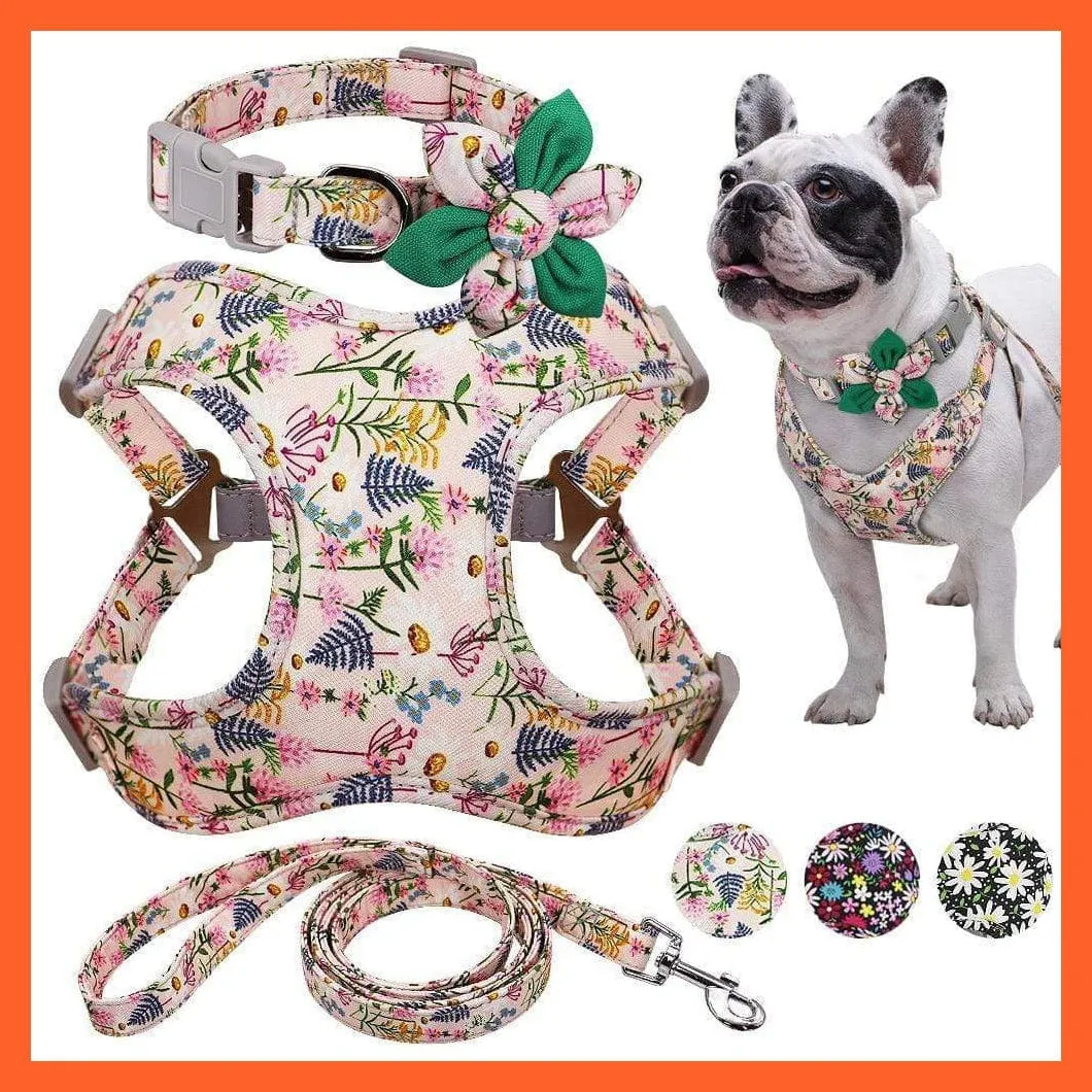 French Bulldog Harness Leash And Collar Set | Printed Dog Harness Vest Leash Collar Set | For Small Medium Large Dogs